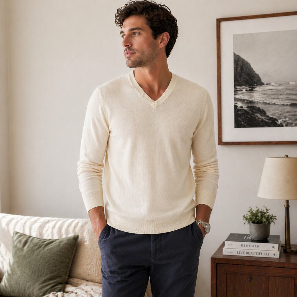 Joseph Abboud 100% Merino Wool Sz M Cream Spring Light Sweater Preppy V-Neck